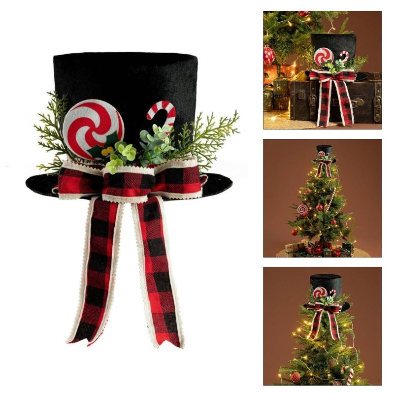 Black Fabric Christmas Tree Toppers With Elegant Bowknot Hat Decoration For Holiday Home Office Decoration