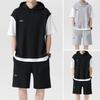 Loose Breathable T Shirt Shorts Set Two Piece Loose Fit Outfit Men's Casual Sport Outfit Set Hooded Drawstring Active