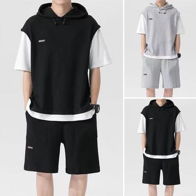 Conjunto de Camiseta Holgada Transpirable y Pantalones Cortos de Dos Piezas de Ajuste Holgado para Hombre, Conjunto Deportivo Casual para Hombre con Capucha y Cordón Activo