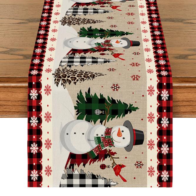 Linen Christmas Table Flag with Snowman & Santa Prints - Festive Table Mat Decorations