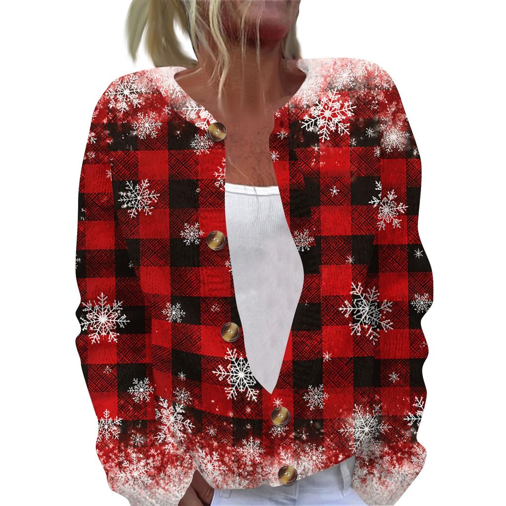 Women's Christmas Print Long Sleeve Knit Cardigan Sweater Button Front for Fall Winter