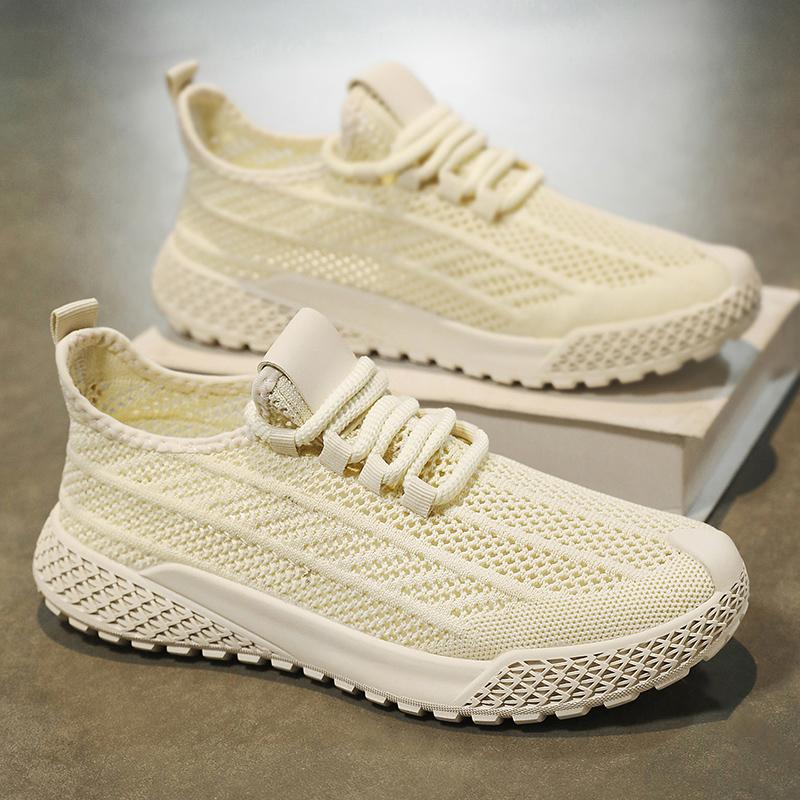 Мужские Белые Кроссовки Летние Дышащие Сетчатые Fly Weave Спортивные Беговые Обувь Легкие Удобные Модные На Шнуровке Повседневная Обувь 39 бежевый