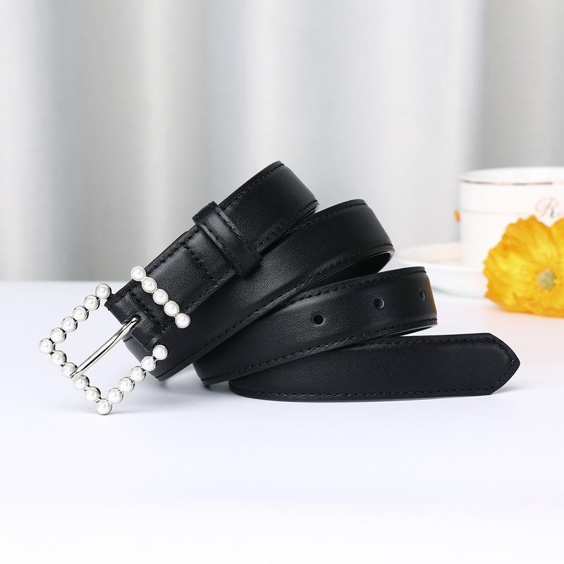 2.4Cm Wide Leather First Layer Cowhide Belt Women'S Versatile Pearl Button Head Fashion Trend Casual Pants Belt Women'S