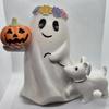 Ghost Walking Dog Halloween Decor Spooky Ghost Dog Figurine Resin Cute Ghost Statue with Pumpkin for Halloween Home Bookshelf Tabletop Decor
