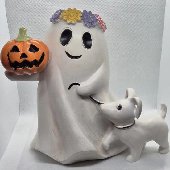 Ghost Walking Dog Halloween Decor Spooky Ghost Dog Figurine Resin Cute Ghost Statue with Pumpkin for Halloween Home Bookshelf Tabletop Decor