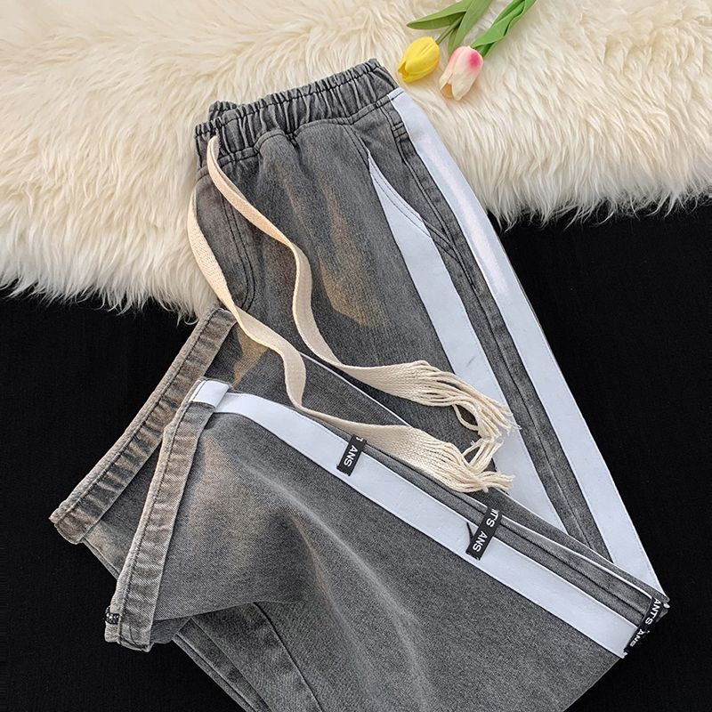 

Полосатые джинсы пэчворк для мужчин, осенний трендовый бренд, свободные прямые широкие штанины, американский хай-стрит, большой размер, повседневные длинные брюки XXXL серый