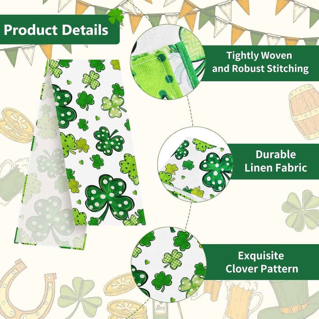72 x 13 Inch St. Patrick's Day Table Runner Decorations, Linen Green Shamrock and Polka Dot Clover Pattern Table Runner for Irish Celebration, Home,