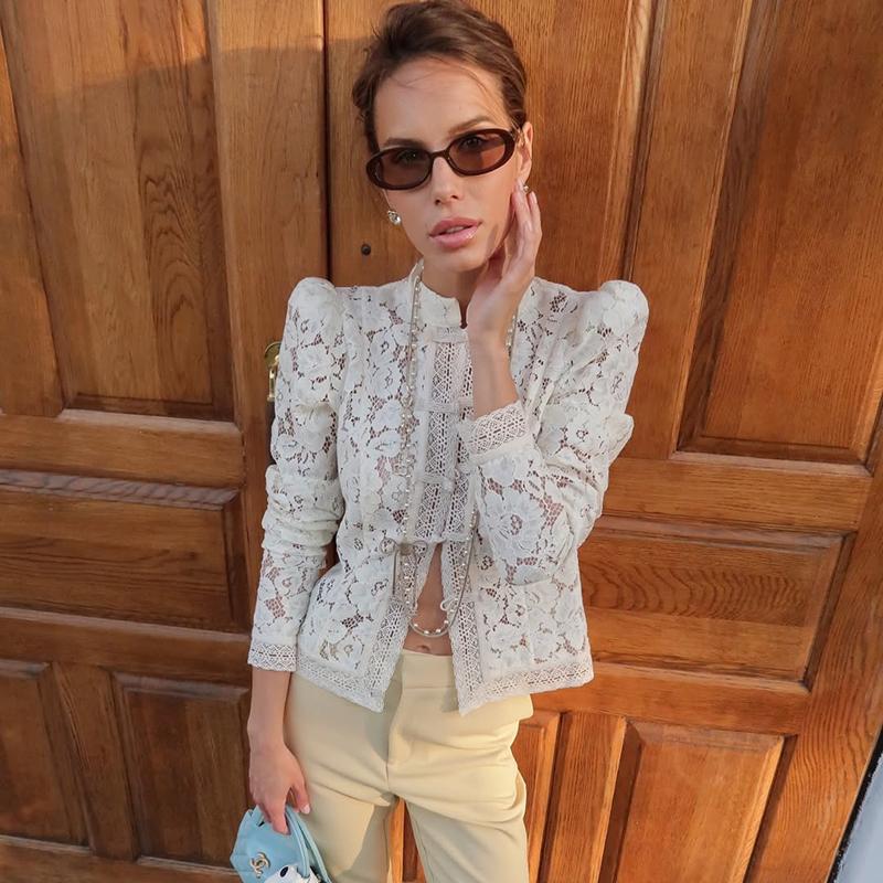 Elegant Lace Shirts Tops Female Hollow Out Commute Vintage See-Through Blouses Single Breasted Shrug Shirts New
