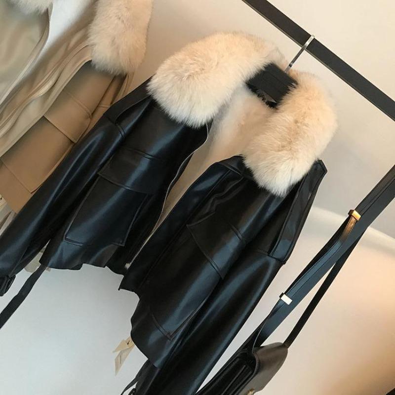 Fleece thickened leather jacket short removable 2 autumn and winter new products imitation fox fur collar fur integrated jacket women's clothing