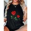 Black Oversized T Shirt With Red Rose Print For Casual Wear