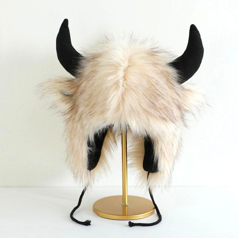 Mei Funny Bull Head Plush Lei Feng Hat, Women's Winter Warm Ear Protection, Windproof and Cold Riding Bull Devil King Hat