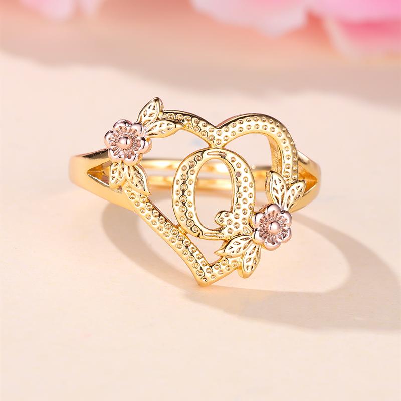 

Кольца с инициалами и цветком в форме сердца, регулируемые нежные кольца с буквами и листьями золотого цвета для женщин и девочек, ювелирные изделия с алфавитом Q золотой