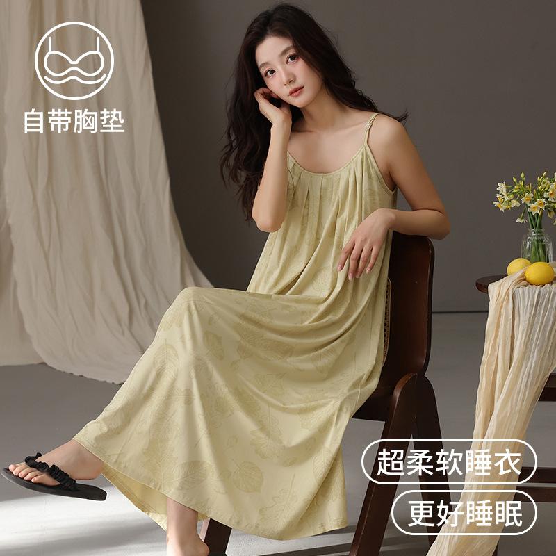 Modal nightdress women's summer new cool ice silk suspender sexy nightdress with chest pad pajamas loungewear summer
