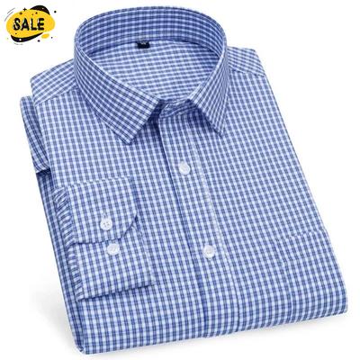 Men's Business Casual Long Sleeve Shirt - Classic Plaid Striped Checked Purple Blue Button Front for Social Dress