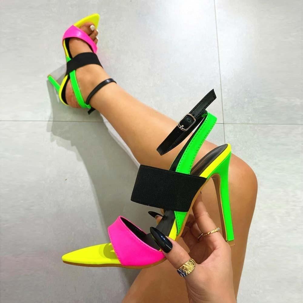 Pesstwei Modische Color-Blocked High Heel Damenschuhe Größe 35-42 Spitz Hohl Feiner Absatz Sandalen Größe 35-42