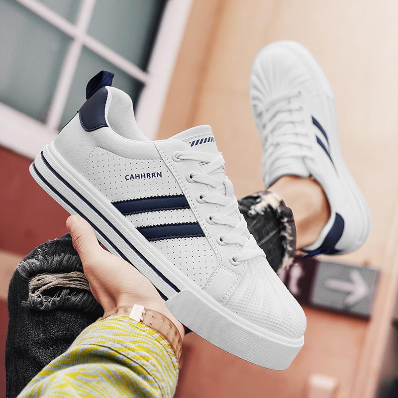Board Shoes Men'S Casual Shell Head Leather Surface Two Bars Sports Breathable Trend White Shoes
