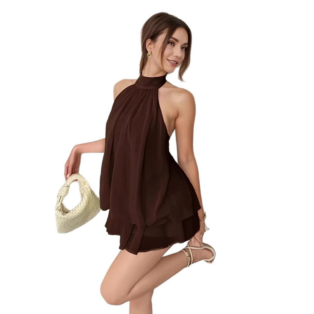 European and American new solid color holiday slim-fitting sexy backless neck waist top fluffy short skirt dress women