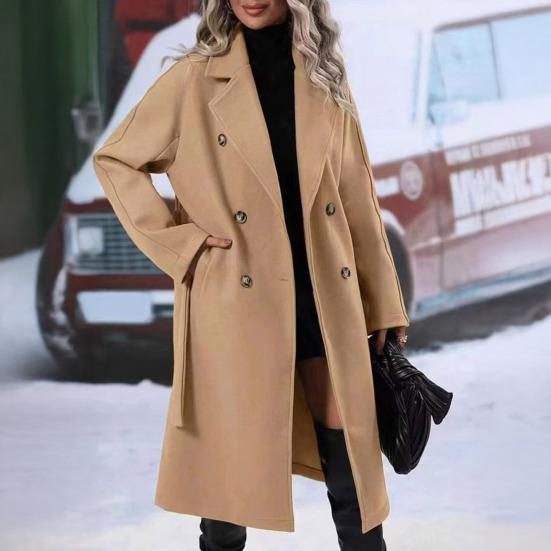 Women's Mid Length Wool Coat Double Breasted Trench Coat Long Sleeve Notched