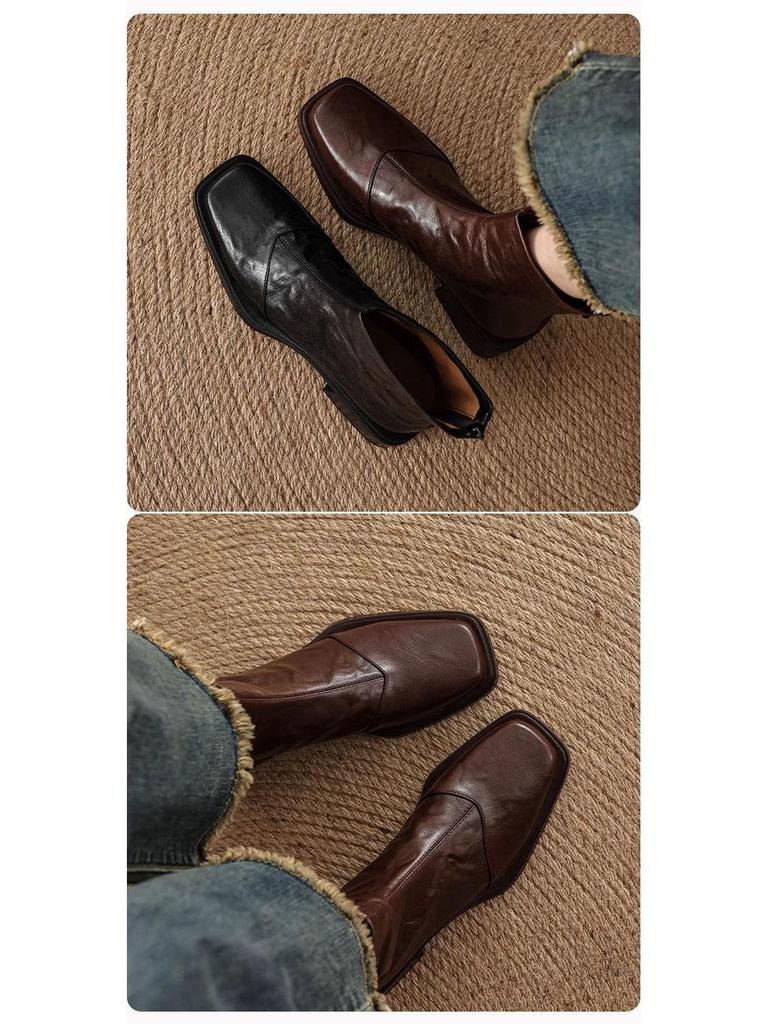 Wyszczuplające botki ze skóry jagnięcej 2025: Damskie Buty Martin na Średnim Obcasie Vintage, Czarny Kwadratowy Nosek, Kolekcja Jesień/Zima.