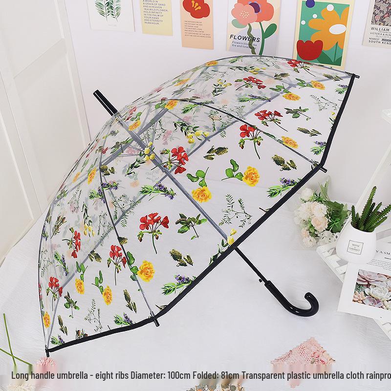 Japanese Forest Style Transparent Cherry Blossom Umbrella with Arched Long Handle for Students