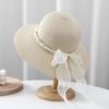 Fashion Summer Pastoral Style Straw Hat Pearl Lace Ribbonwide Brim Sun Hat Spring Summer Elegant Uv  Protection Cap Female
