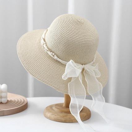 Fashion Summer Pastoral Style Straw Hat Pearl Lace Ribbonwide Brim Sun Hat Spring Summer Elegant Uv Protection Cap Female
