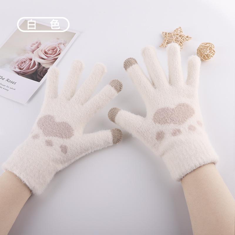 

Touch screen gloves, women s autumn and winter outdoor velvet thickened cold-proof and warm cute cat paw wool knitted gloves average size
