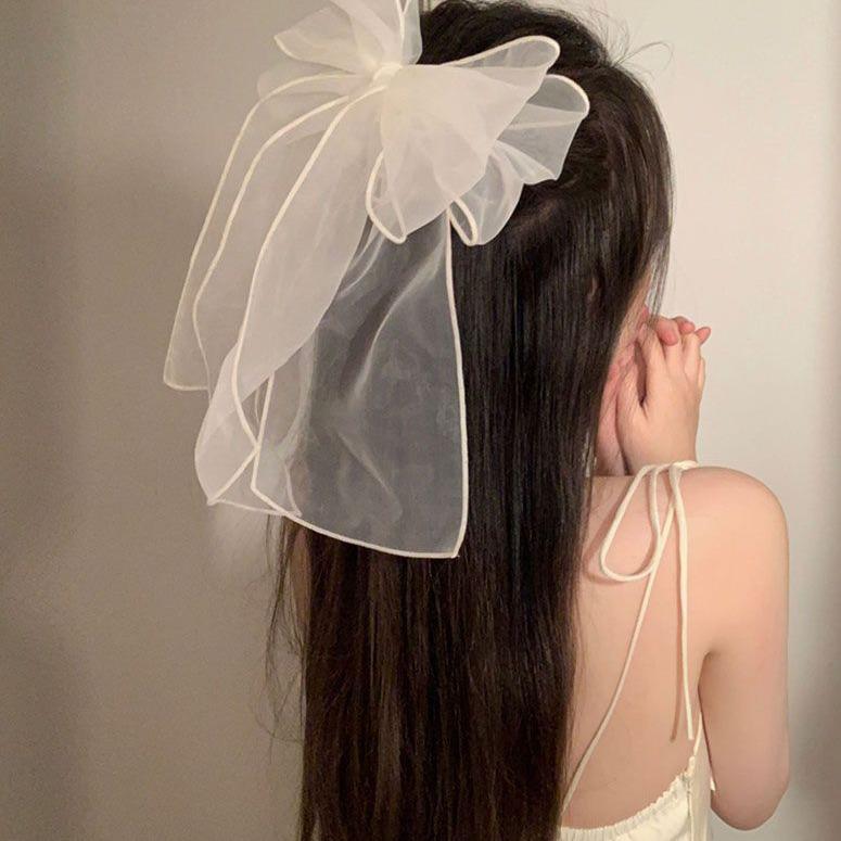 Duża czarno-biała siateczkowa spinka do włosów ozdoba głowy - Wzór wróżkowej wstążki