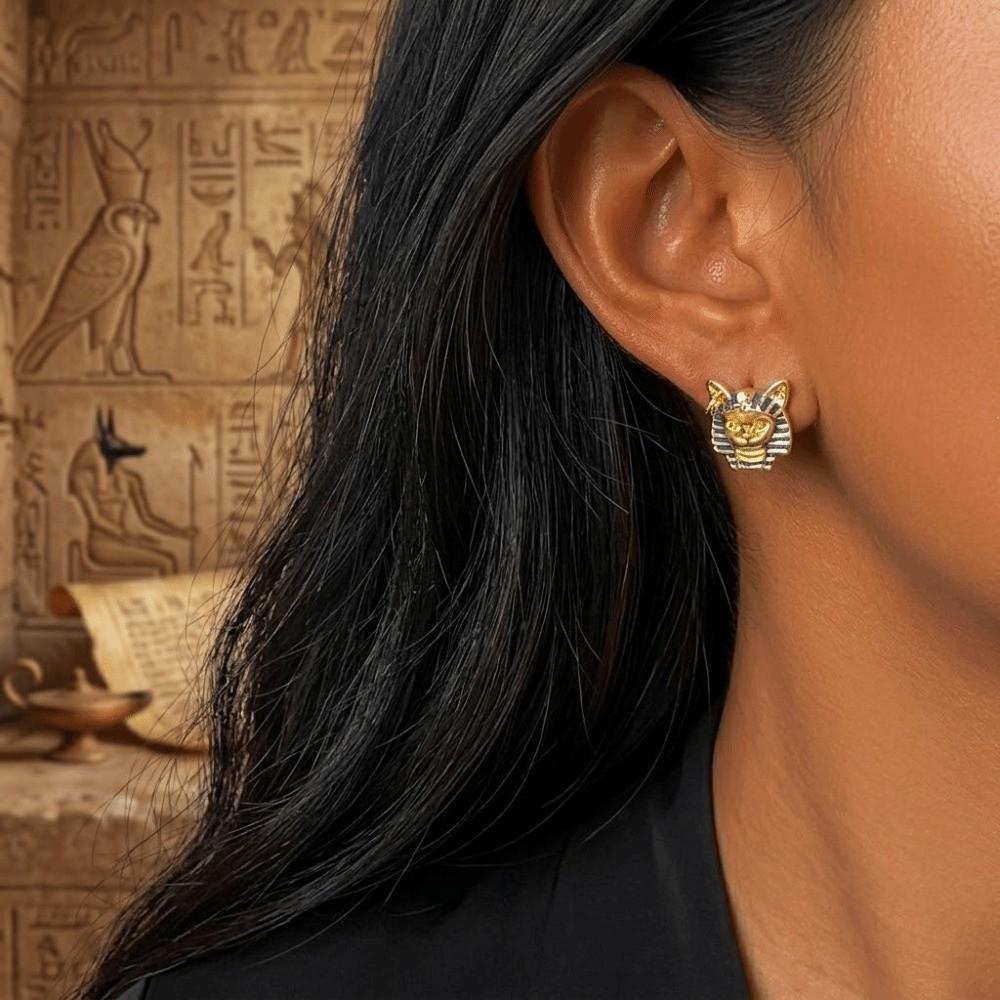 Enamel Egyptian Style Stud Earrings Unique Silver Ear Studs Fashionable Cat Pharaoh Earrings Girls
