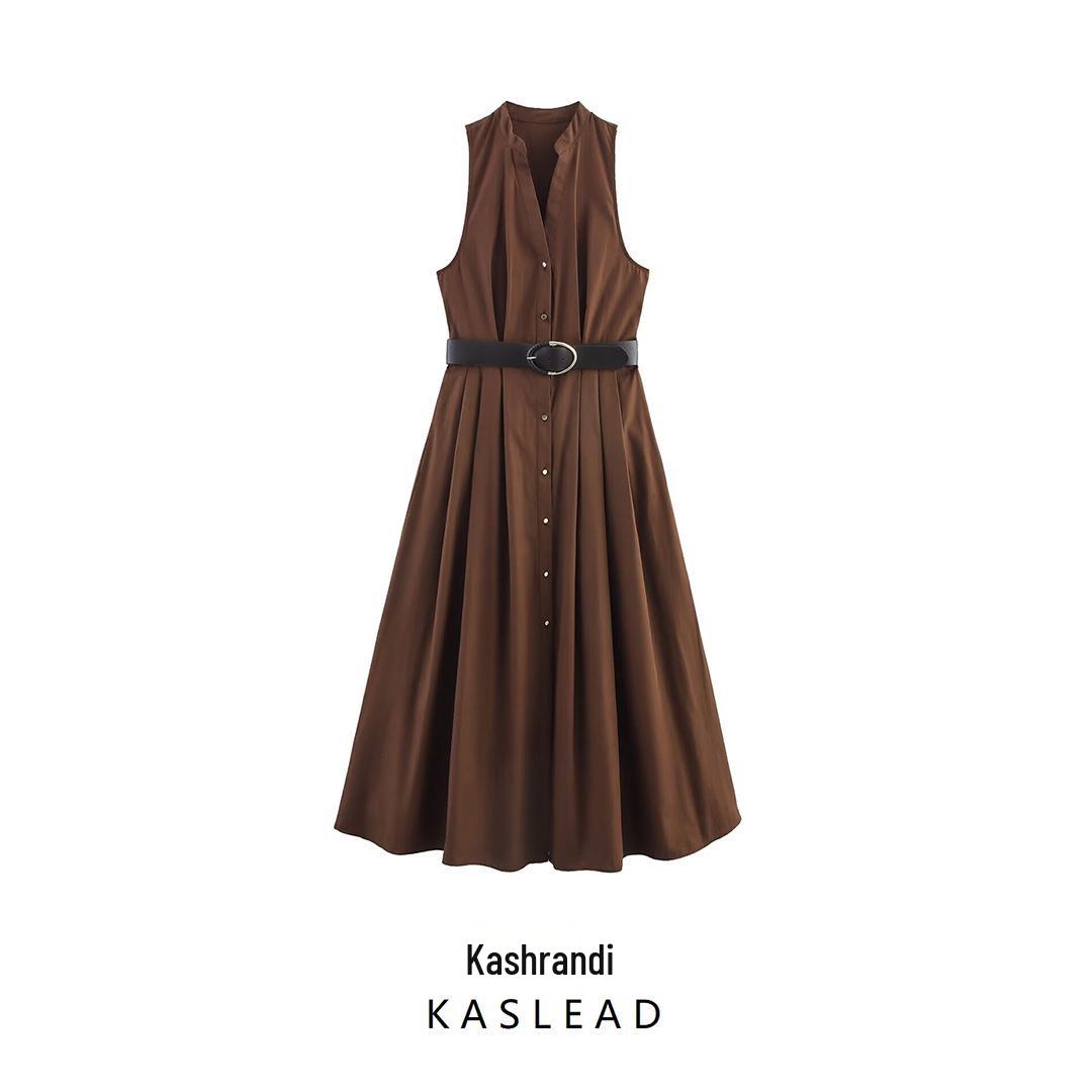

Spring 2025 Women s European & American Fashion Midi Dress with Belt Small