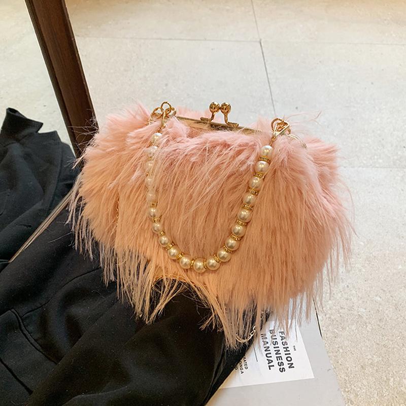 Yogodlns Luxuriöse Abendtasche aus Kunstfell Flauschige Einfarbige Schultertasche Große Kapazität Perlenhenkel Clutch Umhängetasche für Damen