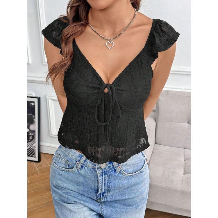 

Летняя мода 2025 Повседневная блузка Кружево Кружевная бретелька V-образный топ M чёрный