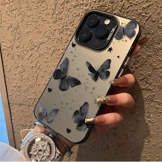 

Черный чехол с гальваническим покрытием и цветами бабочки для iPhone 16 15 14 13 12 11 Pro Max, противоударные чехлы For iPhone 12 Pro Max чёрный