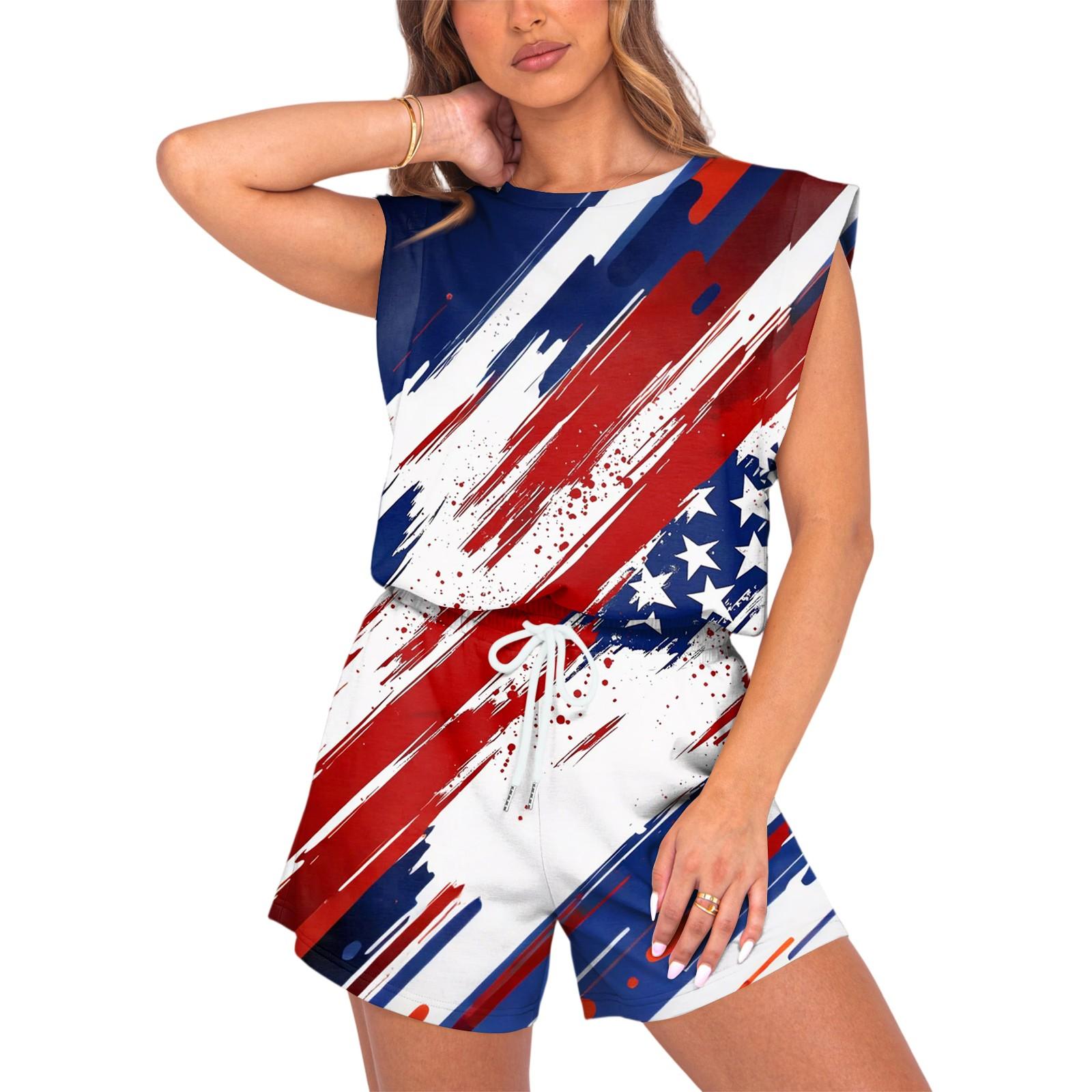 

Women s Jumpsuit Independence Day Print Spring Summer Cap Sleeves Adjustable Drawstring Waist Comfortable Casual Short Jumpsuit With Pockets L синій