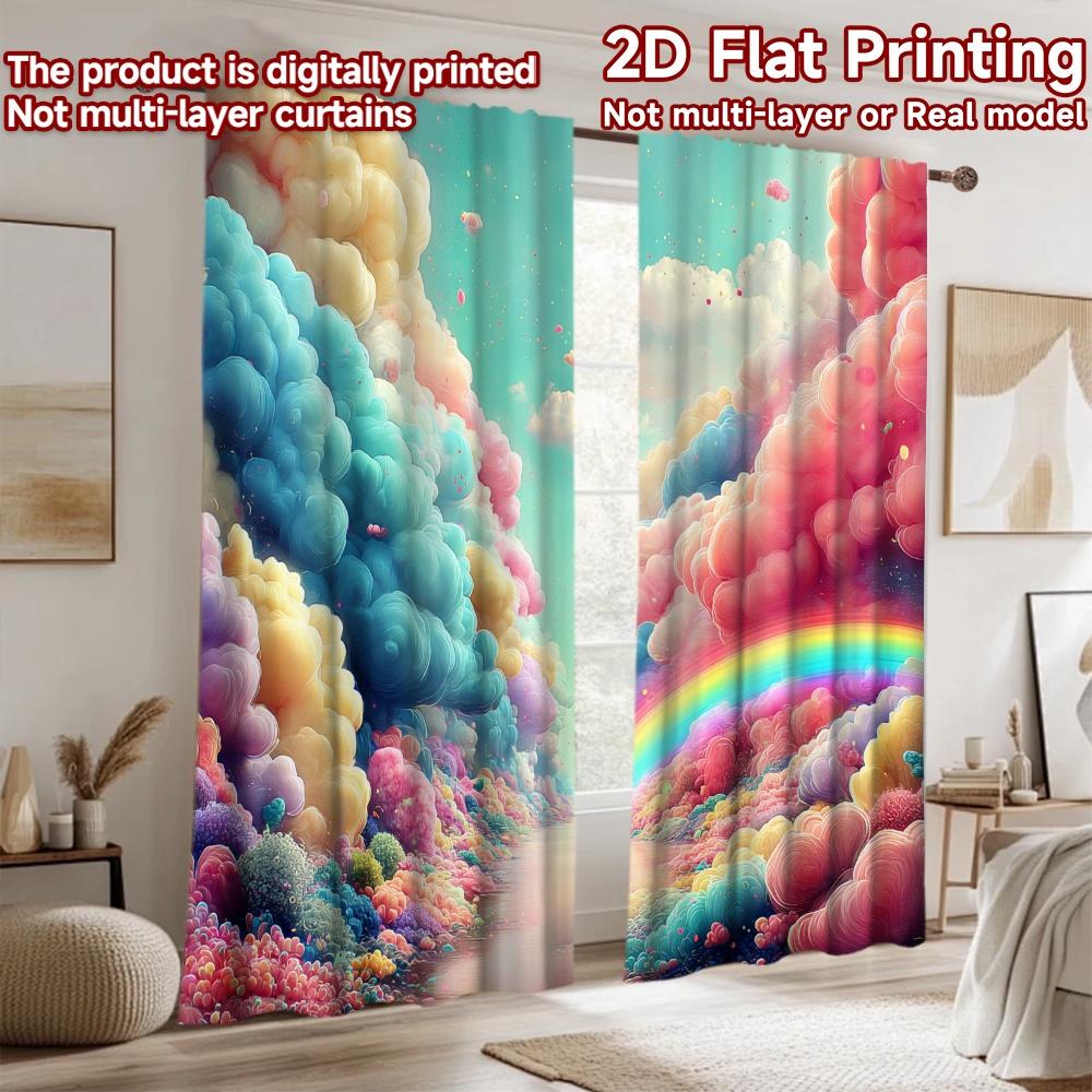 2D flat printing 2pcs Window Curtains Dreamy Rainbow Cloudscape Fantasy Digital Printed Polyester Drapes Birthday Party Use for