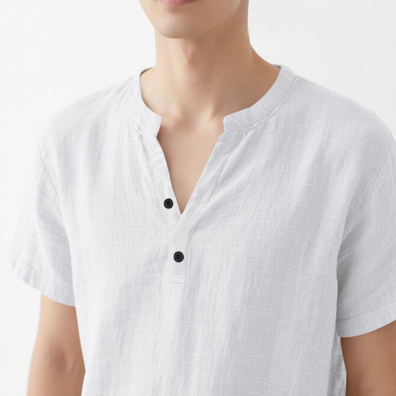 Summer Men's Casual Loose-Fit Shirt with Stand Collar Linen Short-Sleeved Plain-Coloured Shirt Plus Size Menswear