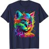Psychedelic Cat Portrait Graphic Tee Colorful Rainbow Kitten Print Round Neck Tshirt