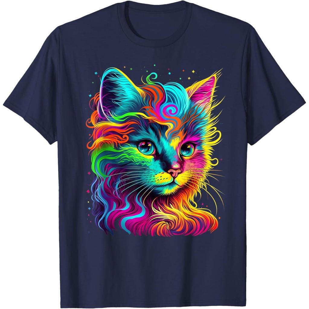 Psychedelic Cat Portrait Graphic Tee Colorful Rainbow Kitten Print Round Neck Tshirt