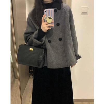 Grå ullkappa för dam med dockkrage - Retro koreansk Hepburn-stil för höst/vinter