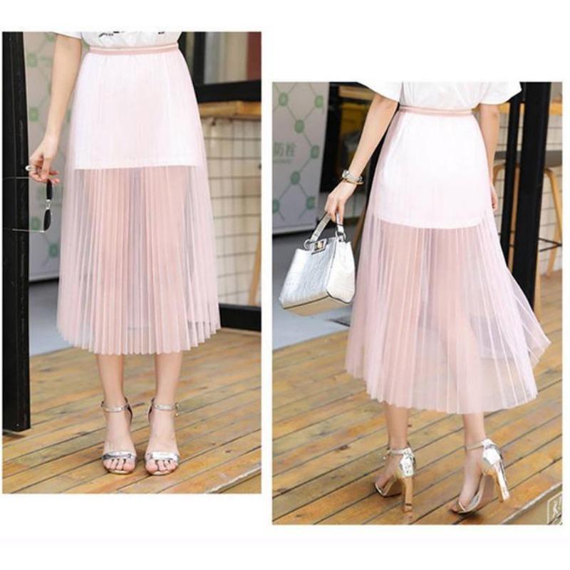 Women Sexy Mesh Lace Transparent Long Tulle Skirt Fashion Summer Ladies Elastic High Waist Black White Beach Midi Skirt