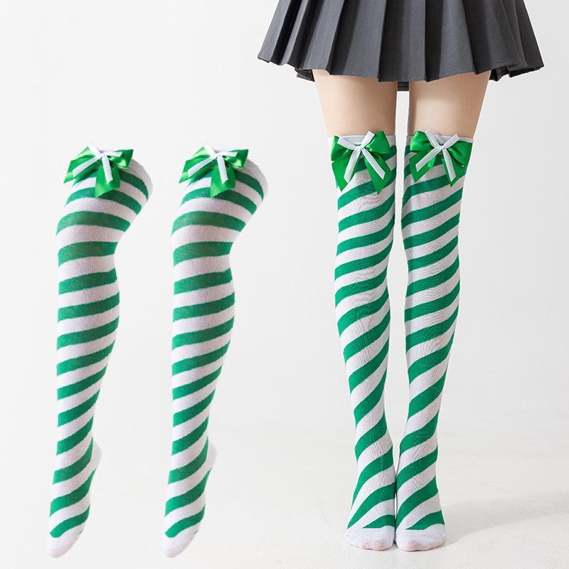 1 Pair Double Bow Decor Striped Over Knee High Socks Soft Skin-friendly for Girls Cosplay Halloween Costume Wear