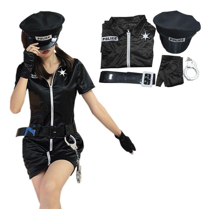 Women Halloween Sexy Cospaly Police Uniforms Large Size Zipper Clothe Stretchy
