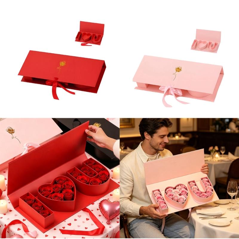 Cardboard Letter Combination Gift Box With Ribbon Flower Wrapping Container For Birthday Valentines Day Anniversary