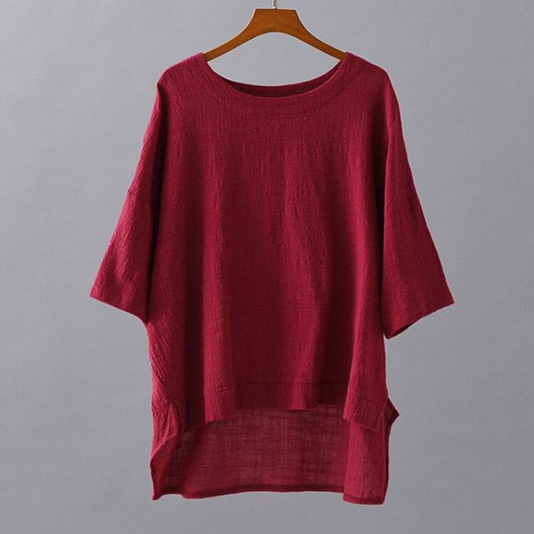 Women Vintage Cotton Linen T-Shirts Solid Color Irregular Summer O-Neck Simple All Match Short Sleeve Tops