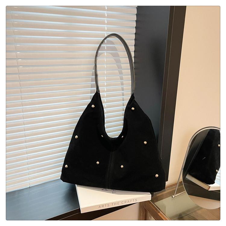 Simple Thread Design Women Faux Suede Shoulder Bags Rivet Large Capacity Ladies Handbags Commuter Female Underarm Tote Bag