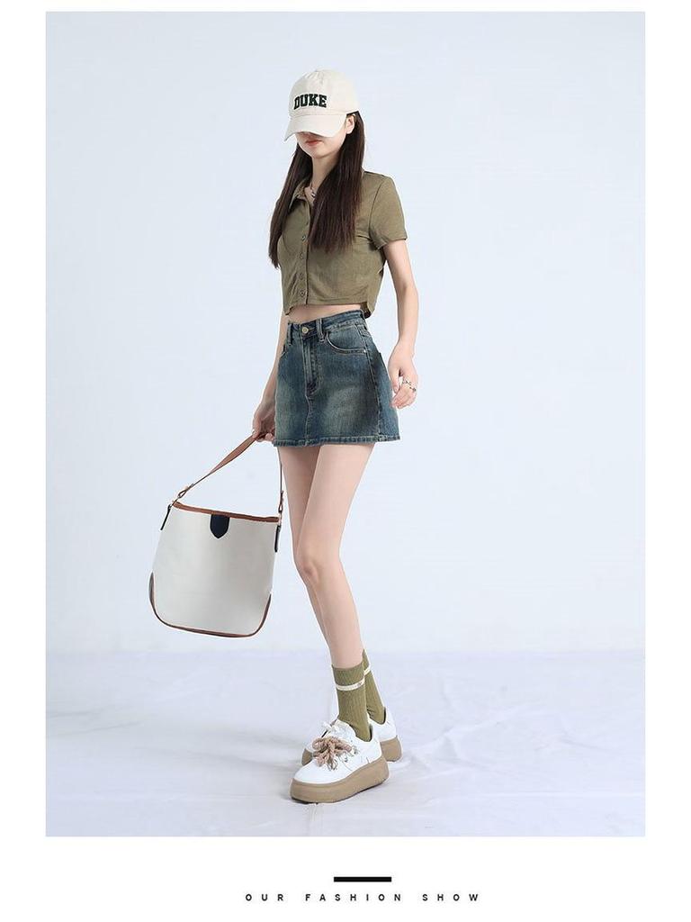 2025 Spring/Summer Women's Retro Denim A-Line Bodycon Mini Skirt