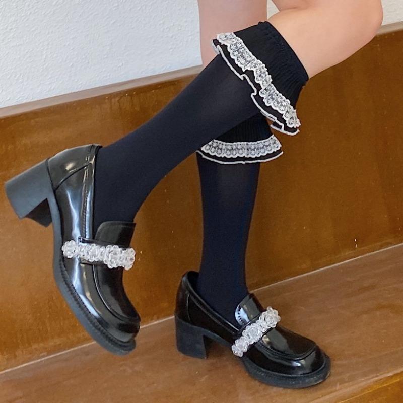 Summer Thin Long Socks Women Solid Color White Lace Ruffles JK Stockings Synthetic Fiber Korean Style Stretch Calf Socks