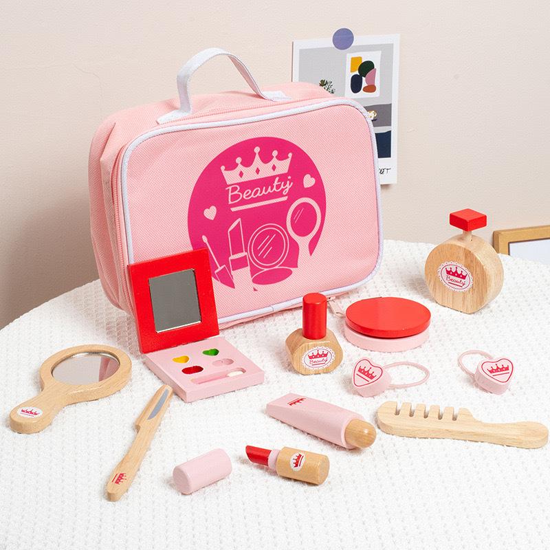 Children'S Simulation Wooden Pink Crown Dresser Princess Girl Simulation Play House Makeup Set Wooden Toy