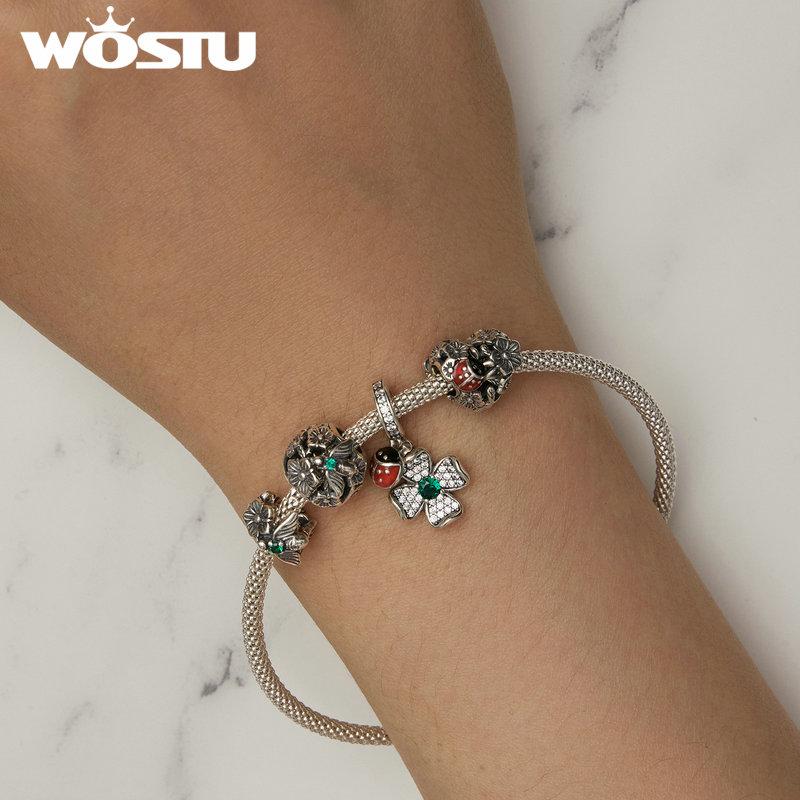 WOSTU 925 Sterlingsølv Lucky Firkløver Ladybug Charms Bee Beads Passer originalt armbånd DIY