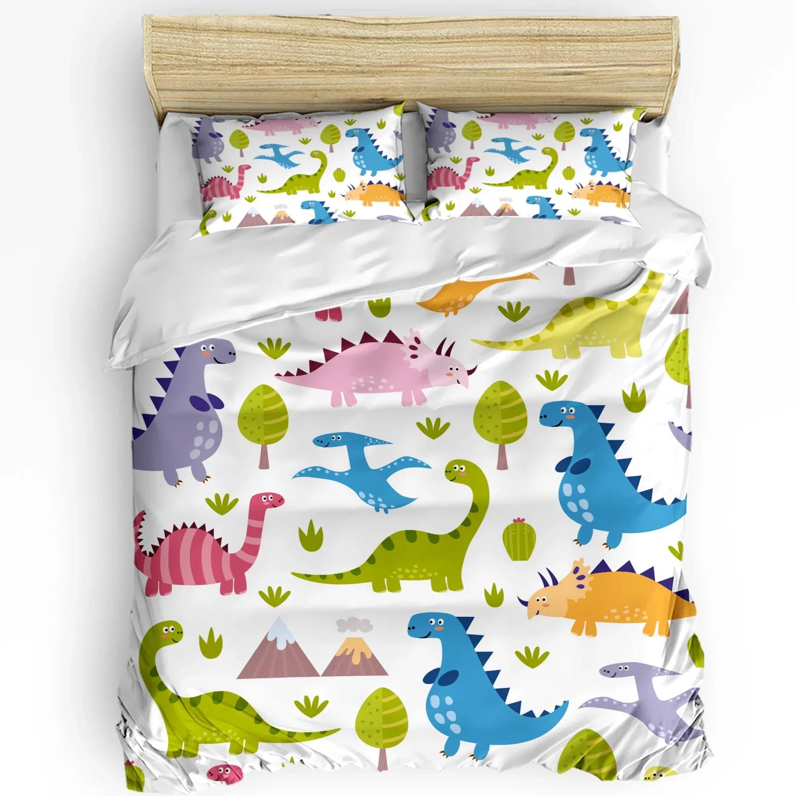 Kawaii Dinosaurus Cartoon Wit Beddengoed Set 3 stuks Dekbedovertrek Kussensloop Kinderen Volwassenen Dekbedhoes Tweepersoons Bed Set Huis Textiel EU single(135x200cm)